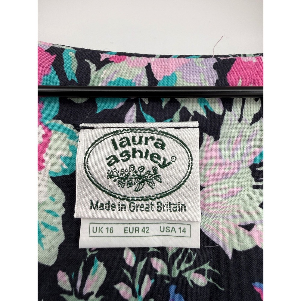 Vintage Laura Ashley Dress Womens 14 Black Pink Floral Cotton Pockets Cottage - Picture 3 of 10